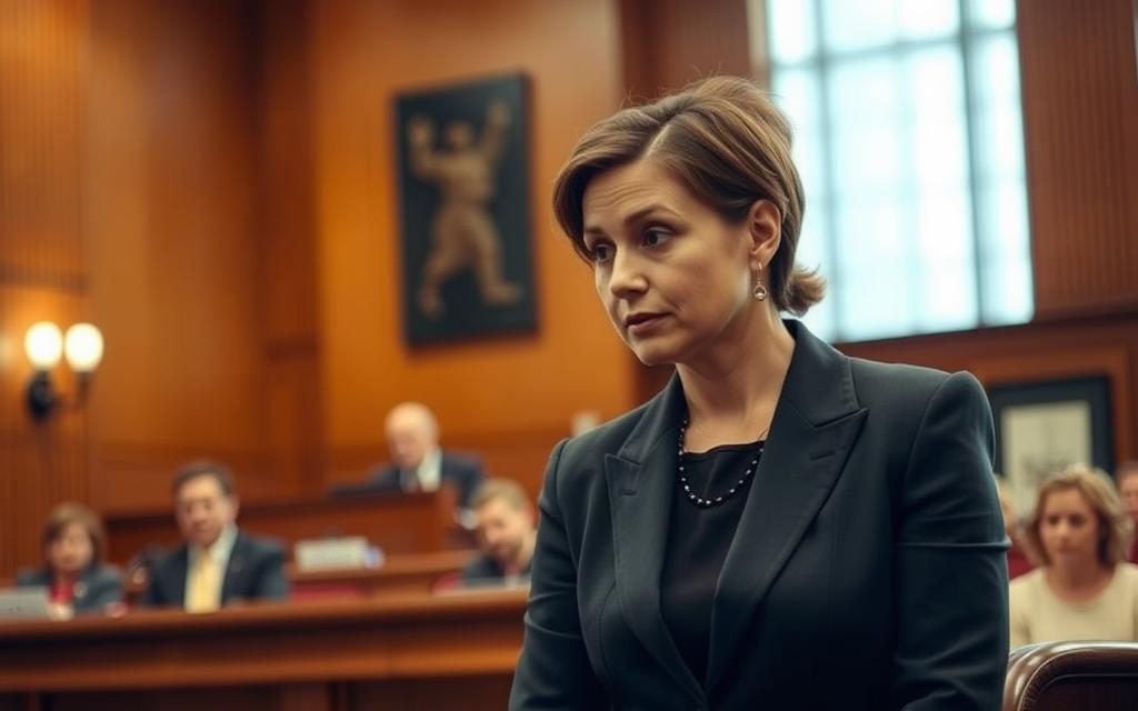 A Courtroom Scene With A Child Guardian Ad Litem At The Center, Standing In A Warm, Soft-Lit Environment. The Guardian, Dressed In Professional Attire, Has A Compassionate, Attentive Expression As They Converse With The Child, Who Sits Beside Them, Looking Thoughtful. Behind Them, The Judge And Other Court Personnel Are Visible, Creating A Sense Of The Formal Judicial Process. The Background Is Slightly Blurred, Emphasizing The Focused Interaction Between The Guardian And The Child. The Overall Mood Is One Of Care, Diligence, And The Child'S Best Interests Being The Primary Concern.