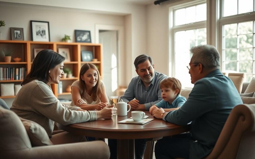 A Cozy, Well-Lit Living Room With A Family Gathered Around A Table, Engaged In A Heartfelt Discussion. The Parents, Their Faces Warm And Hopeful, Listen Intently To Their Children. Soft Natural Light Filters Through Large Windows, Casting A Gentle Glow On The Scene. The Room Is Tastefully Furnished, With Touches Of Comfort And Care, Signifying A Renewed Sense Of Stability And Togetherness. In The Background, A Bookshelf And Framed Family Photos Suggest A History Of Shared Experiences, Now Being Rebuilt. The Overall Atmosphere Conveys A Sense Of Hope, Healing, And The Promise Of A Brighter Future For This Reunited Family.