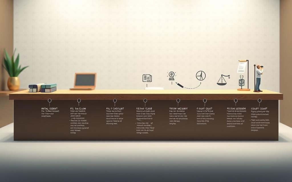 A Detailed Illustration Of The Legal Process Steps For Accident Injury Cases, Rendered In A Clean, Informative Style. The Foreground Depicts A Timeline Of Key Stages, From The Initial Incident, To Filing A Claim, To Potential Settlement Or Court Proceedings. The Middle Ground Showcases Icons And Infographic Elements That Visually Communicate Each Step. The Background Features A Subtle Textured Backdrop, With Hints Of A Law Office Or Courthouse Setting To Establish The Professional Legal Context. The Lighting Is Soft And Even, Creating A Sense Of Clarity And Organization. The Overall Composition Is Balanced And Easy To Navigate, Helping The Viewer Understand The Typical Workflow.