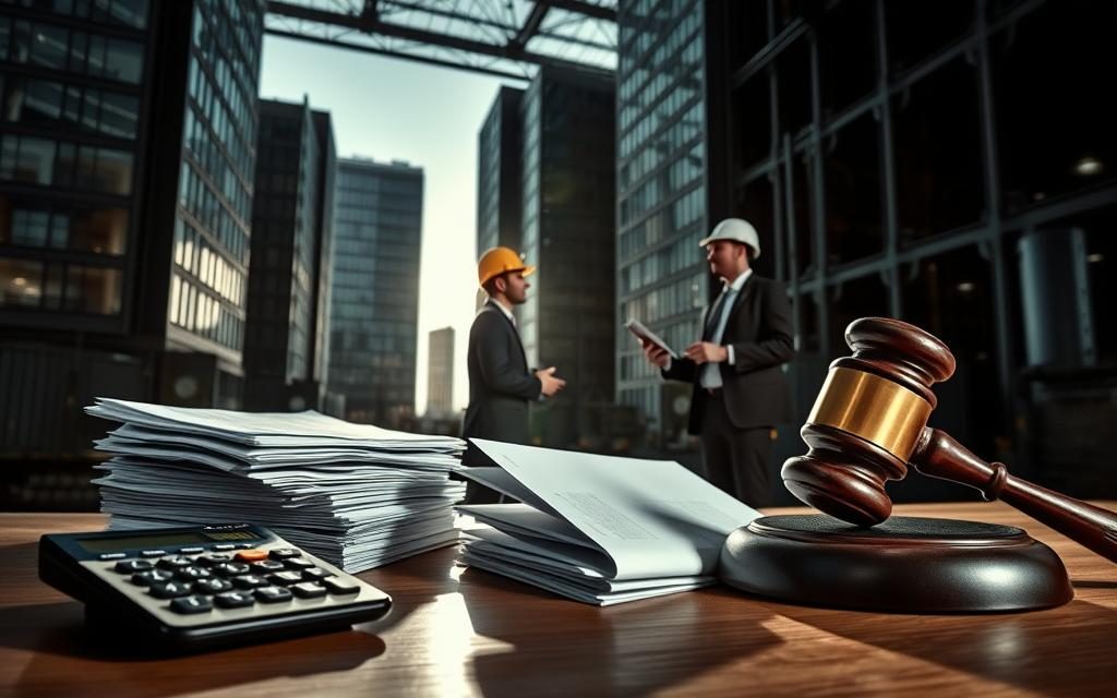 A High-Contrast Industrial Scene Depicting The Key Factors Influencing Workers' Compensation Settlement Offers. In The Foreground, A Calculator, A Stack Of Documents, And A Gavel Symbolize The Legal And Financial Aspects. The Middle Ground Showcases A Worker In A Hard Hat, Representing The Injured Party, Engaged In Discussion With A Suited Figure, Signifying The Negotiation Process. In The Background, Towering Office Buildings With Reflective Glass Windows Convey The Institutional Setting. Dramatic Lighting Casts Long Shadows, Creating A Sense Of Tension And Gravity. The Overall Tone Is One Of Seriousness And Importance, Reflecting The Significance Of The Workers' Compensation Settlement Decision.