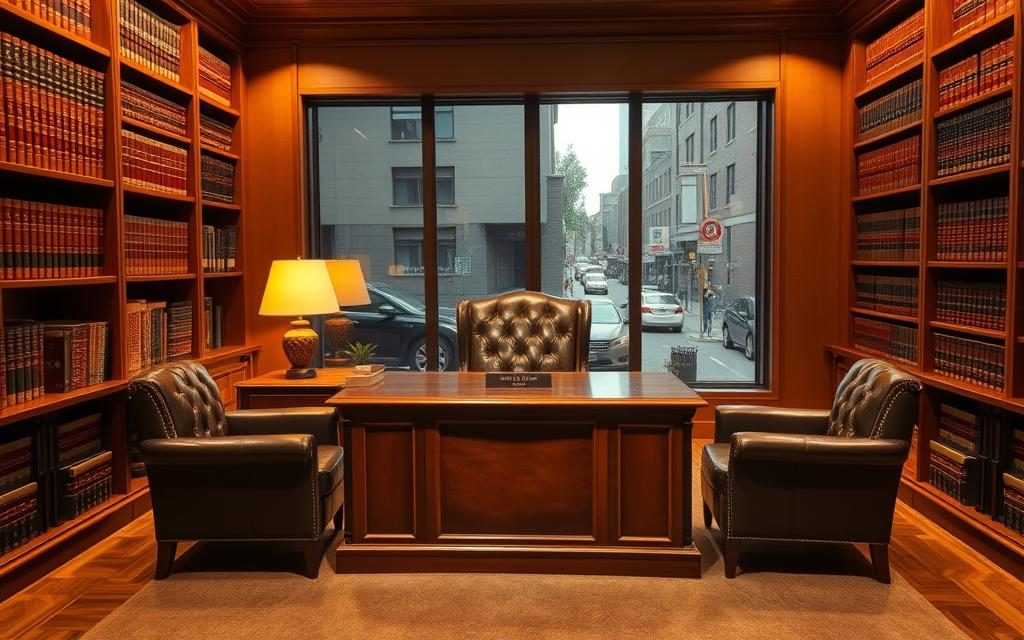 A Law Office Interior Bathed In Warm, Inviting Lighting. Bookshelves Line The Walls, Filled With Leather-Bound Volumes. A Large, Polished Wooden Desk Sits In The Center, With A Nameplate Denoting &Quot;Accident Injury Lawyer&Quot;. A Plush Leather Chair Sits Behind The Desk, Facing Two Comfortable Armchairs For Clients. The Room Exudes An Air Of Professionalism, Expertise, And Trustworthiness. A Large Window Provides A View Of A Bustling City Street Outside, Reflecting The Lawyer'S Deep Understanding Of The Local Community. The Overall Atmosphere Conveys A Sense Of Competence, Reliability, And A Commitment To Securing The Best Possible Outcome For Those In Need Of Legal Representation.