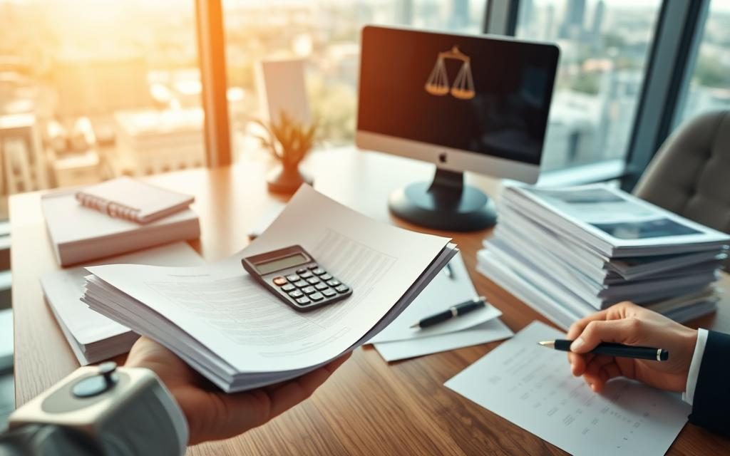 A Modern Office Setting With A Desk, Computer, And Stacks Of Paperwork Representing The Legal And Financial Aspects Of A Workers' Compensation Settlement. In The Foreground, A Human Hand Holds Documents, Conveying The Decision-Making Process. The Middle Ground Features A Calculator, A Pen, And A Businessperson's Hand, Symbolizing The Analysis And Negotiation Involved. The Background Showcases A Window With A Cityscape, Suggesting The Broader Context And Implications Of The Settlement. Warm Lighting And A Sense Of Professionalism And Attention To Detail Permeate The Scene.