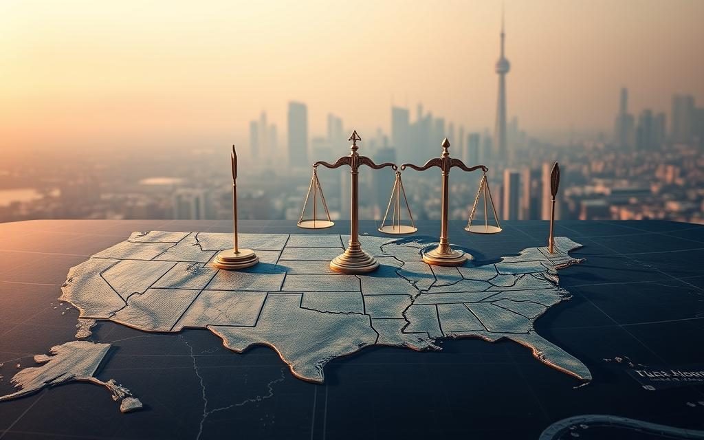 A Sweeping Landscape Depicting The Geographic Legal Reach Of An Expert Whistleblower Attorney. In The Foreground, A Detailed Map Of The United States With State Borders Clearly Delineated, Rendered In Shades Of Blue And Gray. The Map Is Illuminated By Warm, Directional Lighting, Casting Subtle Shadows That Convey A Sense Of Depth And Dimension. In The Middle Ground, A Series Of Polished, Metal Law Icons Stand Prominently, Symbolizing The Attorney'S Nationwide Expertise And Service Capabilities. These Icons Are Arranged In A Grid-Like Pattern, Further Emphasizing The Comprehensive Legal Coverage. The Background Features A Hazy, Atmospheric Skyline, With Skyscrapers And Cityscapes Fading Into The Distance, Suggesting The Expansive, Nationwide Scale Of The Attorney'S Practice. The Overall Composition Conveys A Sense Of Authority, Professionalism, And The Reliable, Coast-To-Coast Legal Support Provided To Clients.