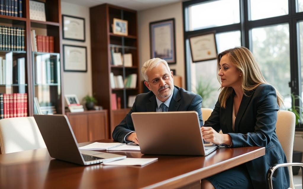 A Warm, Welcoming Office Setting With A Focused Legal Team Assisting A Client. In The Foreground, A Professional-Looking Man And Woman In Business Attire Are Seated At A Table, Engaged In An Earnest Discussion. On The Table, A Laptop, Files, And A Pen And Notepad Suggest They Are Collaborating On A Case. The Background Features Tall Bookshelves, Framed Legal Certificates, And A Large Window Allowing Soft, Natural Light To Filter In, Creating A Calming, Trustworthy Atmosphere. The Overall Scene Conveys A Sense Of Expertise, Care, And Support, Reflecting The Section Title &Quot;How Our Duluth Legal Team Supports You&Quot;.