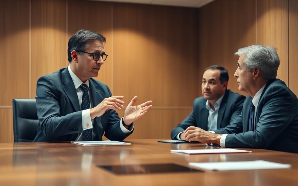 A Well-Lit Conference Room With A Large Wooden Table, Where A Workers' Compensation Attorney And An Insurance Representative Are Engaged In A Negotiation. The Attorney, Dressed In A Sharp Suit, Leans Forward Earnestly, Gesturing With Purpose As They Discuss The Terms Of A Potential Settlement. The Representative, In A Professional Attire, Listens Intently, A Pensive Expression On Their Face. Soft, Indirect Lighting Casts A Warm Glow, Creating An Atmosphere Of Thoughtful Deliberation. The Background Is Subtly Blurred, Focusing The Viewer's Attention On The Critical Negotiation Unfolding.