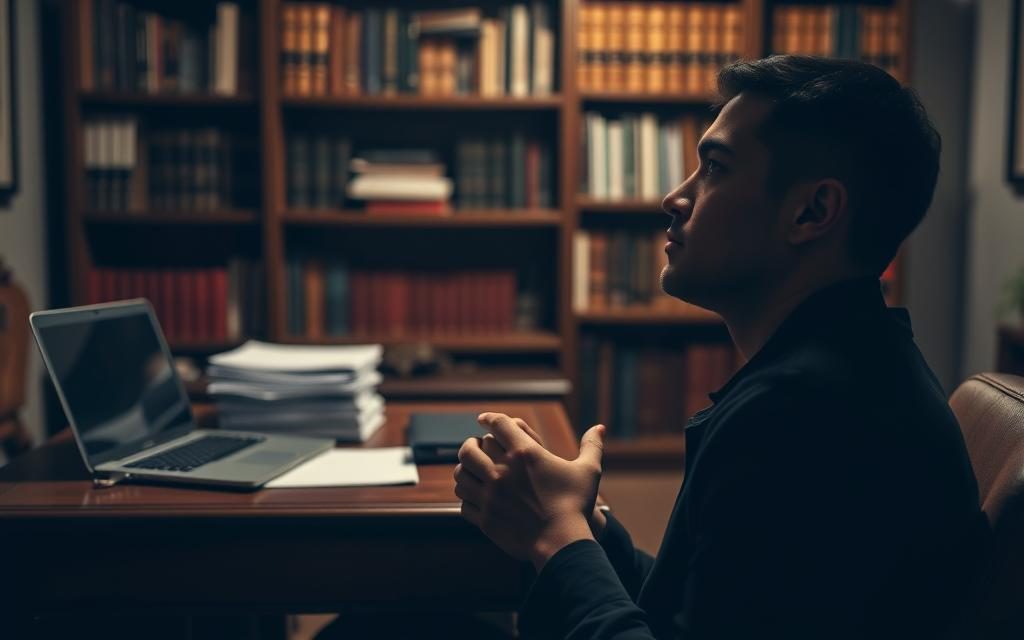 Prompt A Dimly Lit Office Scene, With A Wooden Desk And A Well-Stocked Bookshelf In The Background. On The Desk, A Laptop And A Stack Of Legal Documents, Suggesting A Professional Setting. In The Foreground, A Thoughtful-Looking Person Sits, Fingers Interlaced, Considering The Criteria For Parental Rights Reinstatement. The Lighting Is Soft And Warm, Creating A Contemplative Atmosphere. The Image Conveys The Gravity And Complexity Of The Legal Process, Hinting At The Careful Deliberation Required To Determine Eligibility For This Important Decision.