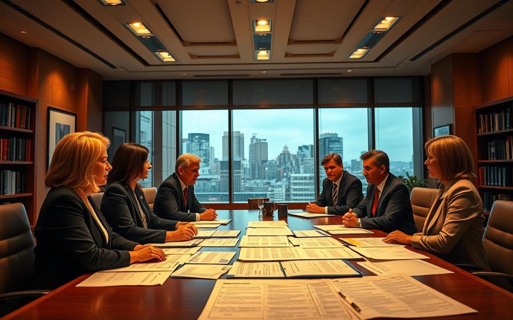 A Spacious Law Office Interior, Illuminated By Warm, Ambient Lighting. In The Foreground, A Team Of Legal Professionals Gathered Around A Conference Table, Engaged In A Lively Discussion. Intricate Legal Documents And Case Files Are Spread Out Before Them, Conveying A Sense Of Meticulous Preparation. In The Middle Ground, A Large Window Overlooks A Bustling City Skyline, Symbolizing The Scope And Impact Of Their Work. The Mood Is Focused, Decisive, And Exuding An Air Of Authority And Expertise. The Overall Scene Captures The Essence Of &Quot;Wrongful Death Litigation Strategies&Quot; - A Deliberate, Thoughtful Approach To Seeking Justice And Securing The Best Possible Outcomes For Their Clients.