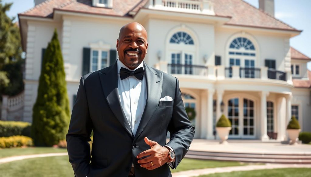 Steve Harvey In A Luxury Suit Standing In Front Of His Mansion