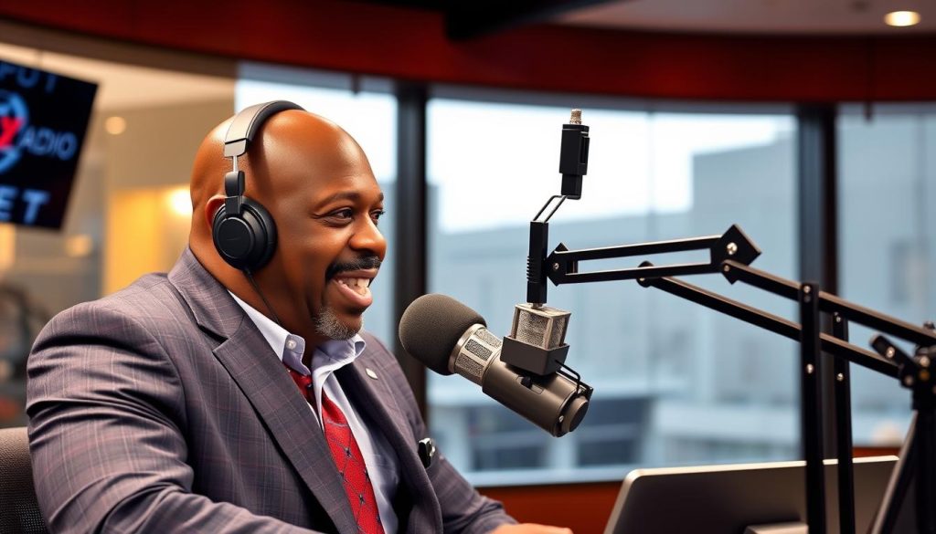 Steve Harvey In A Radio Studio With Headphones Recording His Morning Show