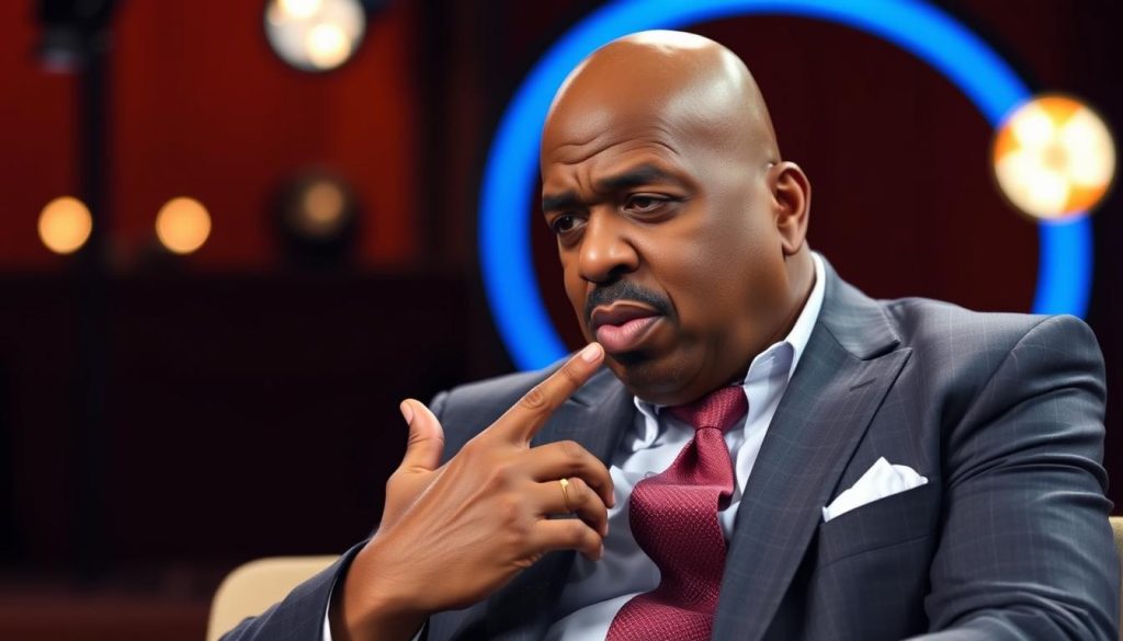 Steve Harvey In A Thoughtful Pose During An Interview Discussing Past Challenges
