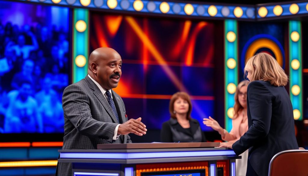 Steve Harvey On The Set Of Family Feud Interacting With Contestants